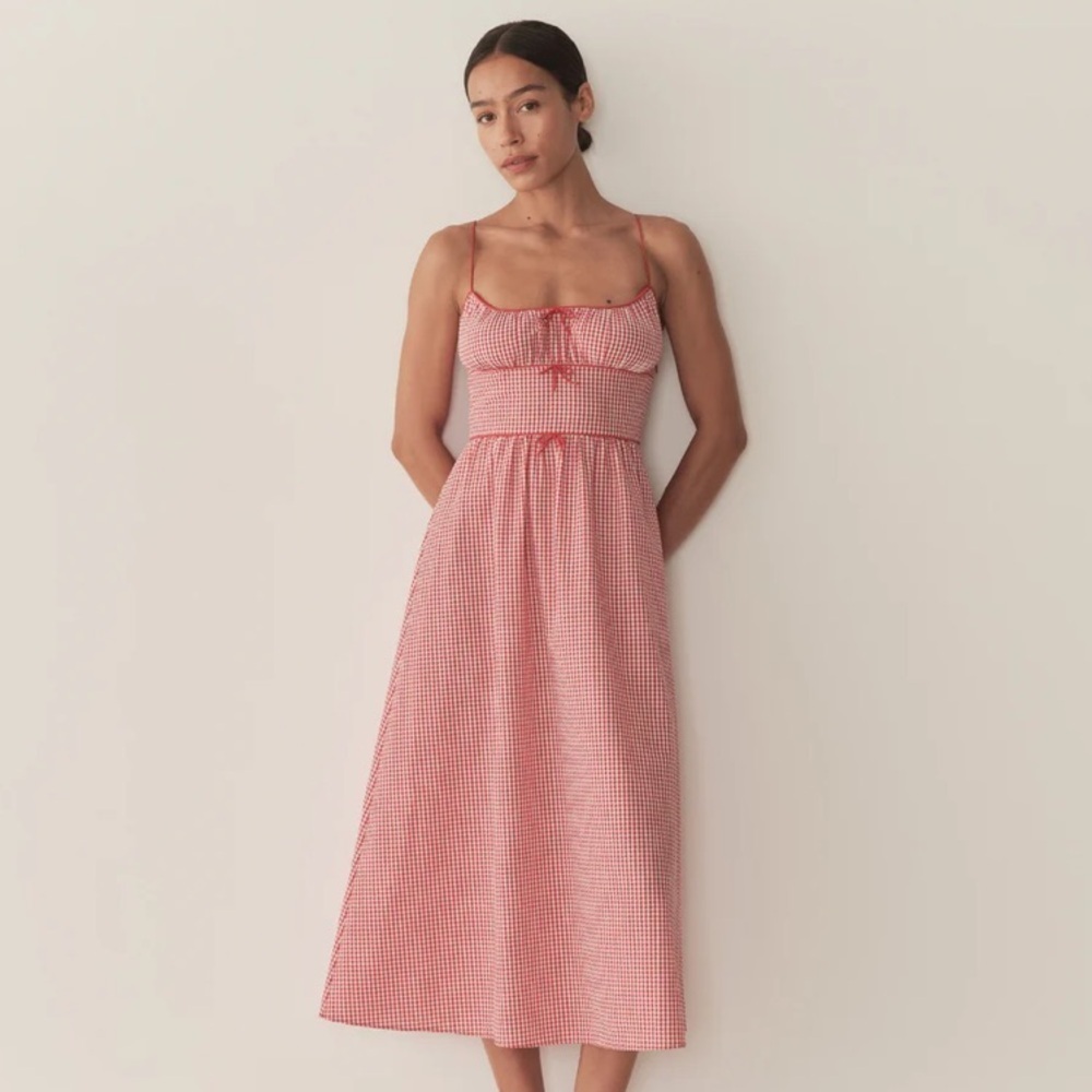 NWT Doen Belline Cotton Bow Midi Maxi Dress Rouge La Maddalena Gingham Red